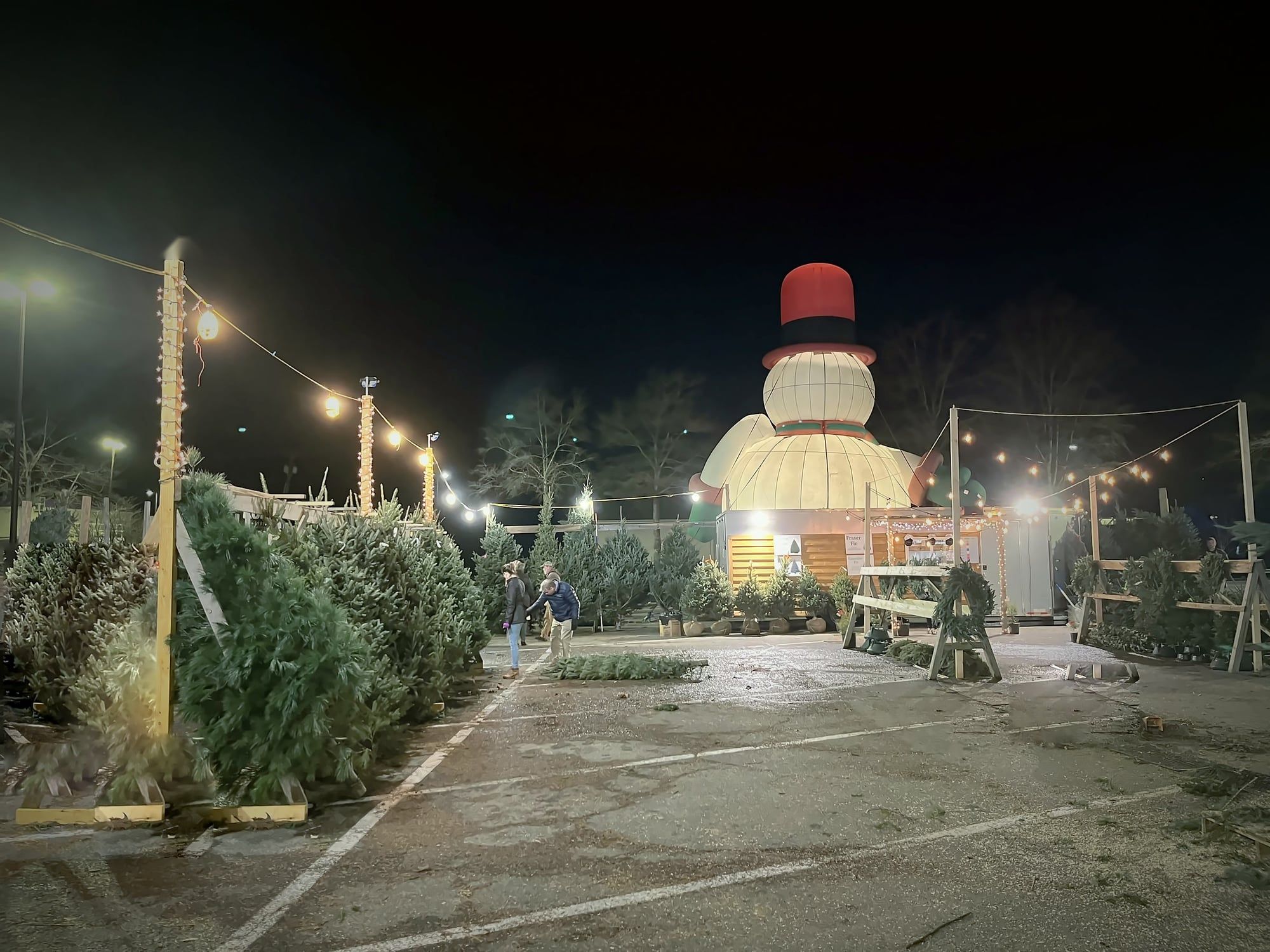 The Roanoke lot at night with rows of trees under string lights, families browsing, and Frosty lit up behind the trailer